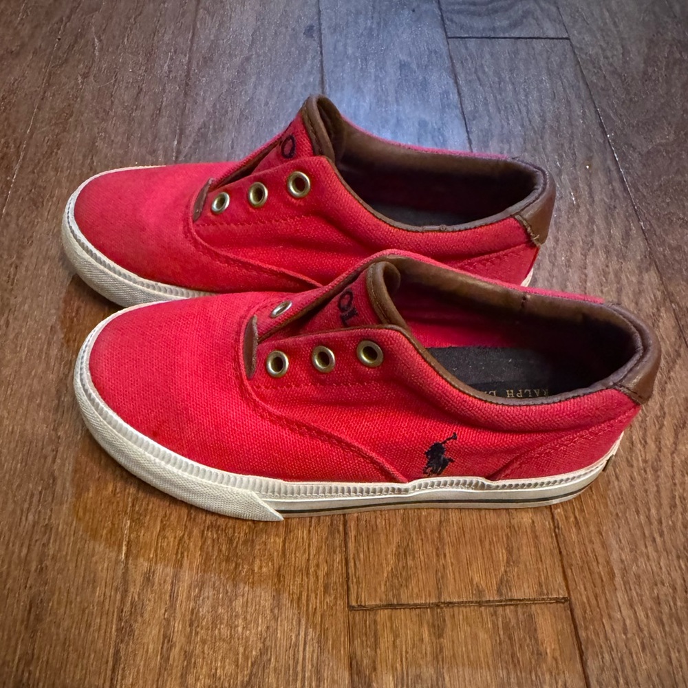 Polo by Ralph Lauren Kids Red Canvas Slip-On Sneakers with Brown Trim